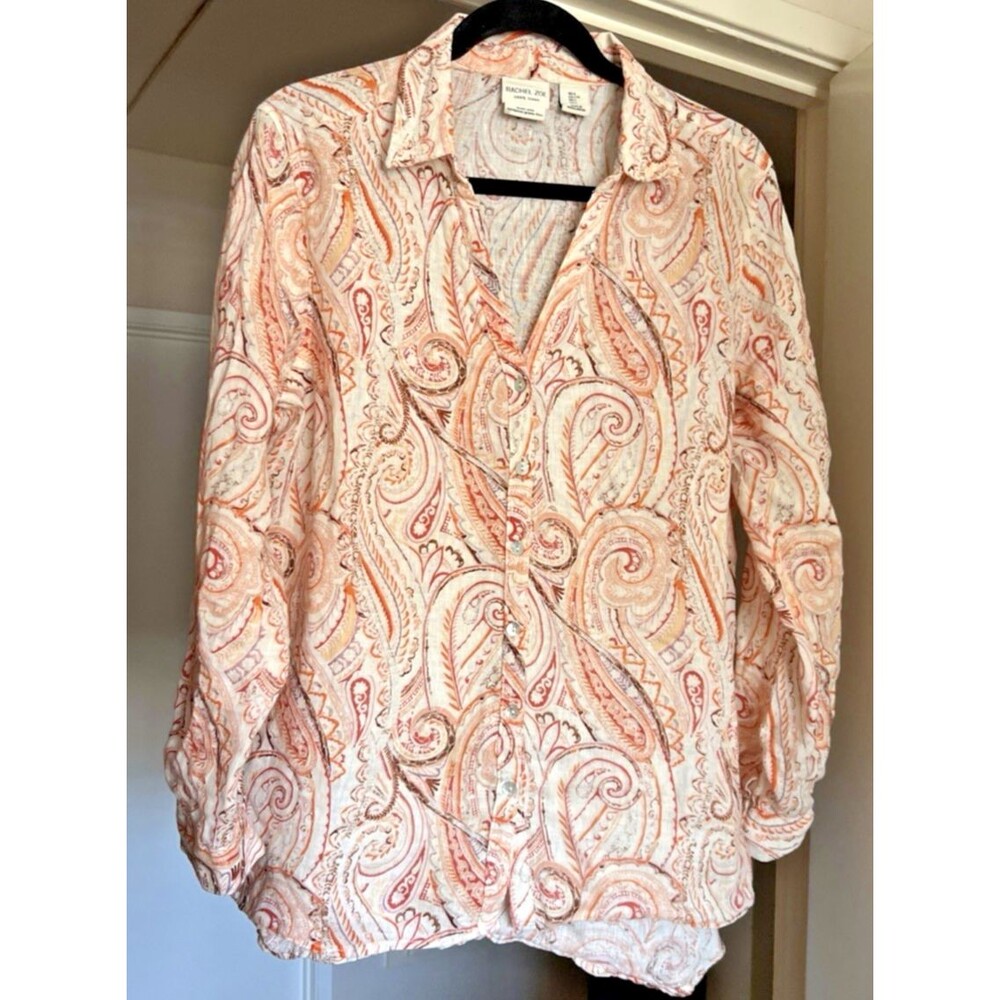 Rachel Zoe Women's Linen Blouse Size L Orange V-Neck Button-Up Long Sleeve